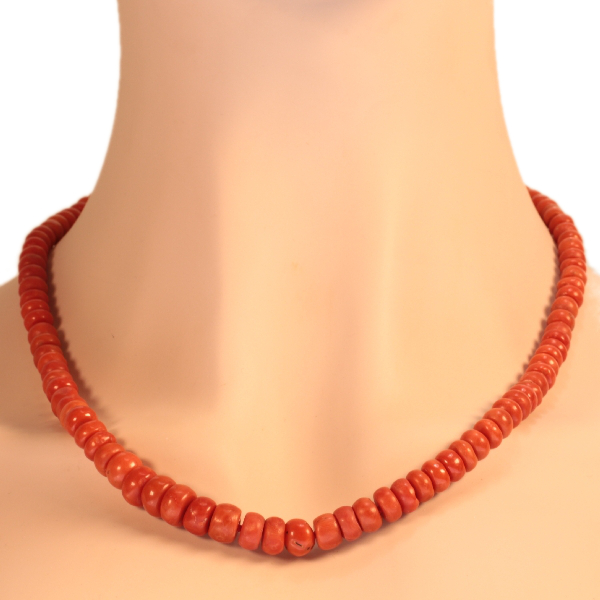 Antique red coral bead necklace with gold closure